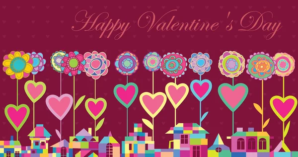 Tarjeta de felicitación Feliz Día de San Valentín. Brillante ciudad de juguetes. Flores con un símbolo del corazón en los tallos — Vector de stock