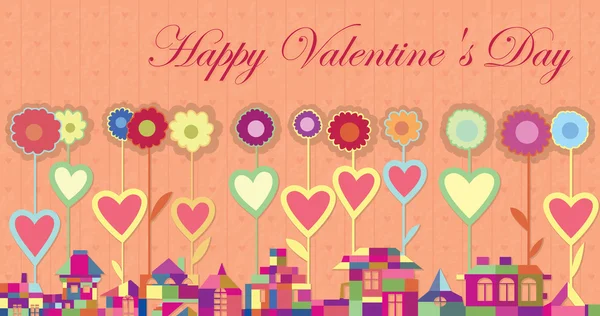 Tarjeta de felicitación Feliz Día de San Valentín. Luminosa Casa de formas geométricas. Flores con un símbolo del corazón en los tallos — Vector de stock