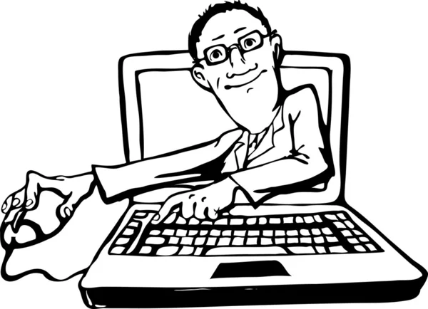 Caricature - un homme est sorti de l'ordinateur portable. L'éducation sur Internet — Image vectorielle