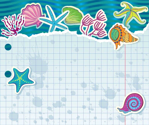 Morquio フジツボ、藻および海の星とノートブックの引き裂かれたシート — ストックベクタ