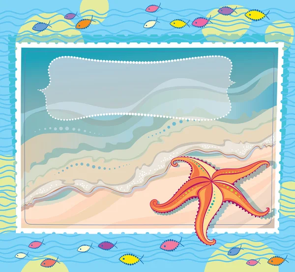 海の背景にオレンジ色のヒトデ。岸辺の波の写真。小魚の群れ. — ストックベクタ