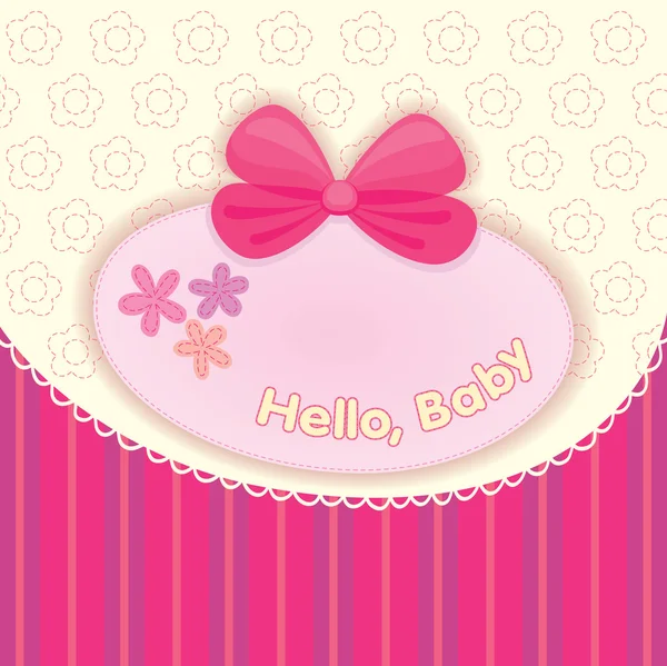 Greeting card with the birth of a girl. Pink bow on a background with embroidery — Stock Vector