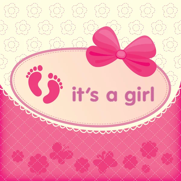 Gratulationskort med födelsen av en flicka. båge på en bakgrund med broderi. rosa klackar — Stock vektor