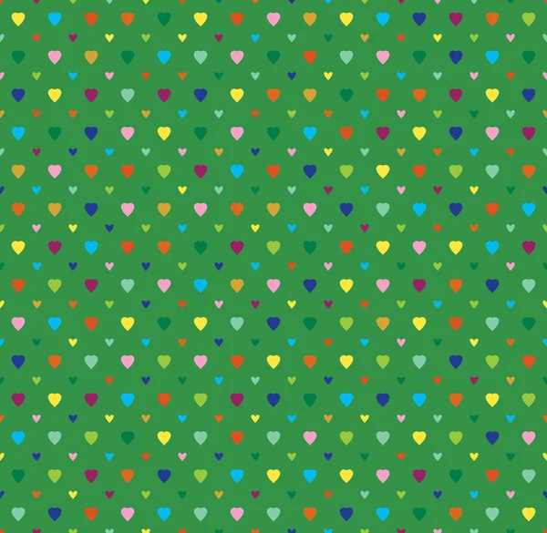 Vector seamless background of hearts. Bright dots on a green surface — Stock Vector