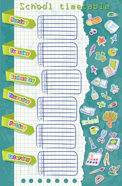 Horario de la escuela vectorial. Mesa con indicadores los días laborables. Fondo de papelería de acuarela — Archivo Imágenes Vectoriales