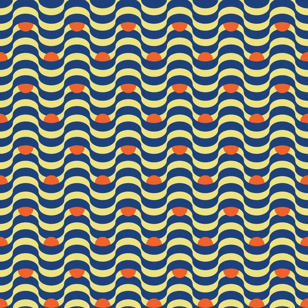 Ornement sans couture dans un style rétro. Le motif des vagues de bleu sur un fond jaune. Pois rouges — Image vectorielle