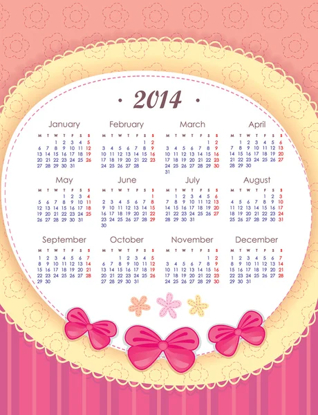 Kalender voor 2014 in roze. week begint met maandag. de verticale rangschikking. toepassing van papier en strikken — Stockvector