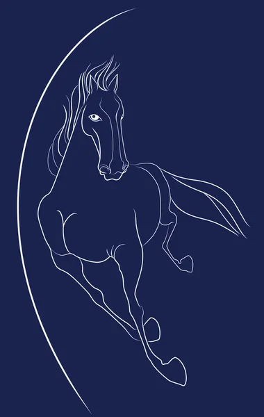 Outline drawing of a running horse. Vector illustration on a blue background — Stock Vector