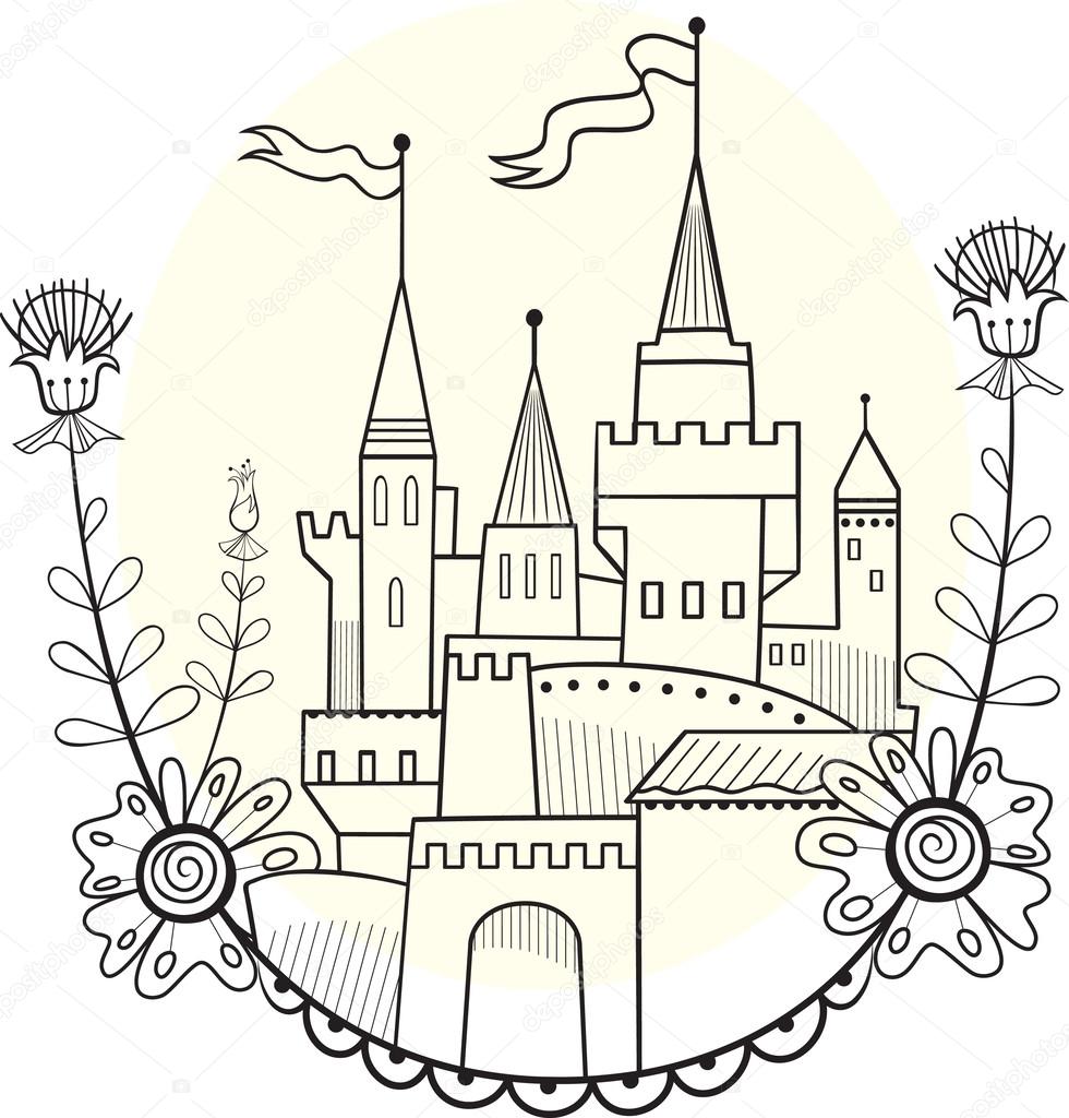 Figure fairytale castle. Linear solution for coloring — Stock Vector