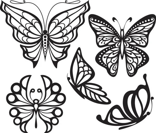 Silueta mariposa con alas abiertas y delicada Una imagen de perfil. Dibujo blanco y negro — Vector de stock