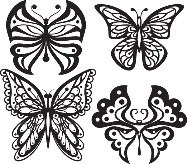 Siluetas simétricas mariposas con alas abiertas tracería. Dibujo en blanco y negro. opciones Ilustraciones de stock libres de derechos