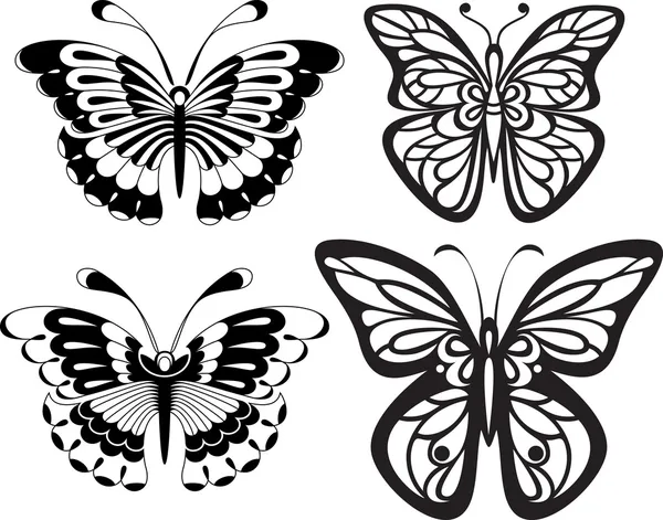 Symmetrical silhouettes butterflies with open wings tracery. Black and white drawing. options stylization. — Stock Vector