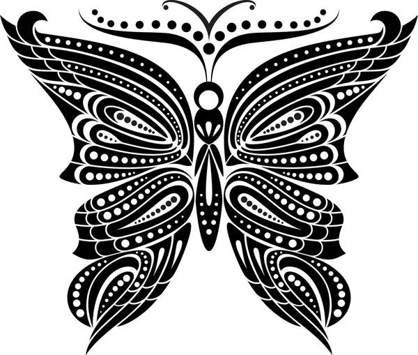 開くとシルエット蝶の羽で網目模様。黒と白の図面. — ストックベクタ