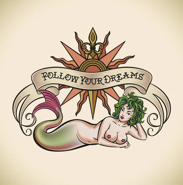 Sirena de pelo verde - Sigue tus sueños — Archivo Imágenes Vectoriales