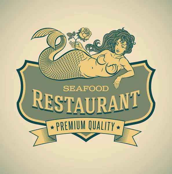 Sirena mariscos etiqueta restautant — Vector de stock