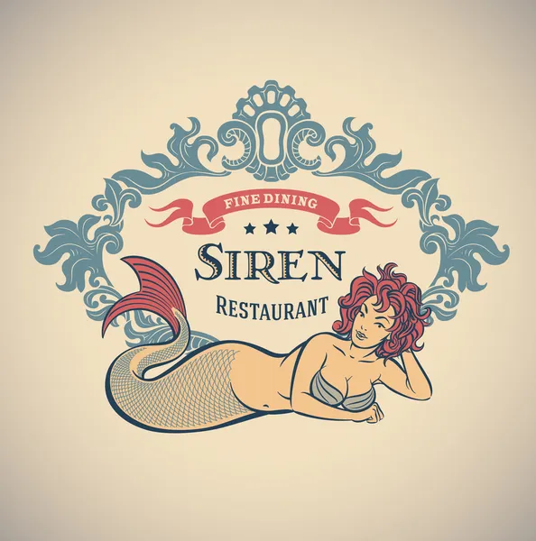 Sirene - rótulo restaurador de refeições finas — Vetor de Stock