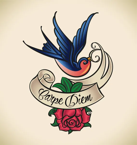 Swallow en rose, old-school tatoeage — Stockvector