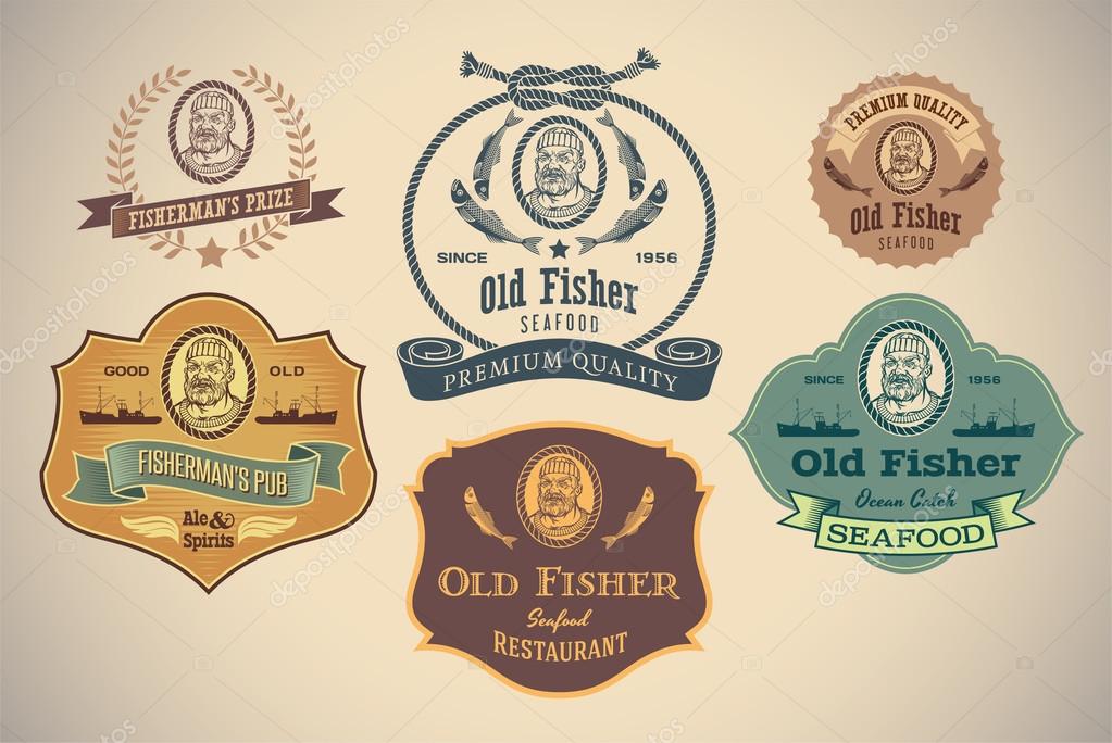 Set of retro-styled seafood labels including a portrait of a fisherman. Editable vector.