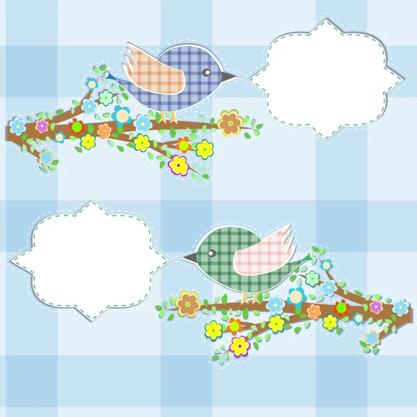 Biglietto di auguri con due uccelli sotto l'albero dei rami — Vettoriale Stock