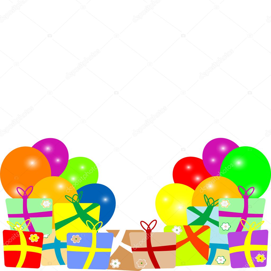 Card to birthday with balloons and gifts. vector