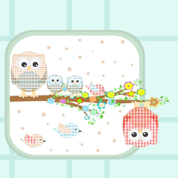 Floral background - couple of owls and birds sitting on branch — Stock Vector
