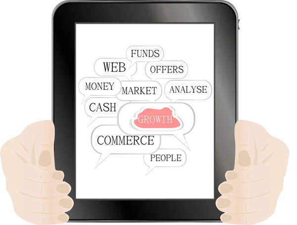 Mano humana con tablet pc - crecimiento gráfico, negocios — Stockvector