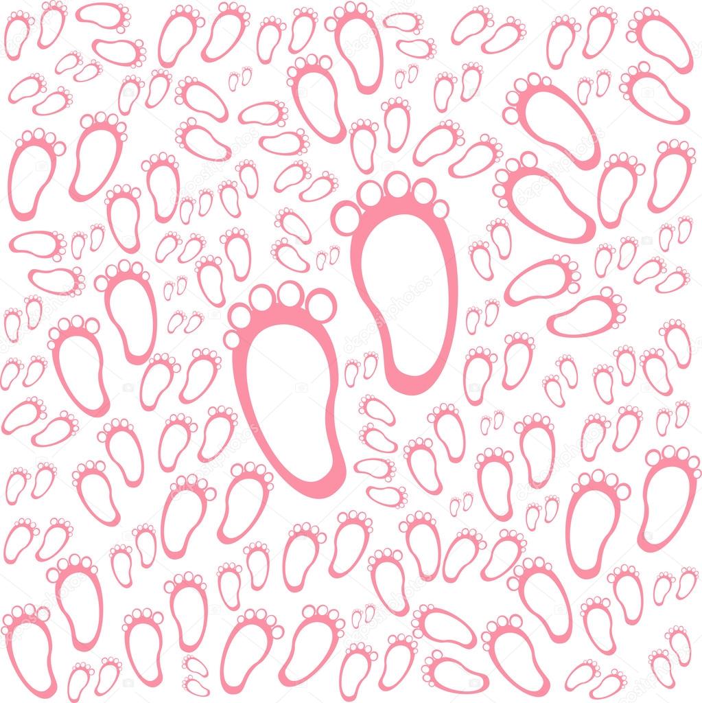 Baby girl arriival card with many foot steps background