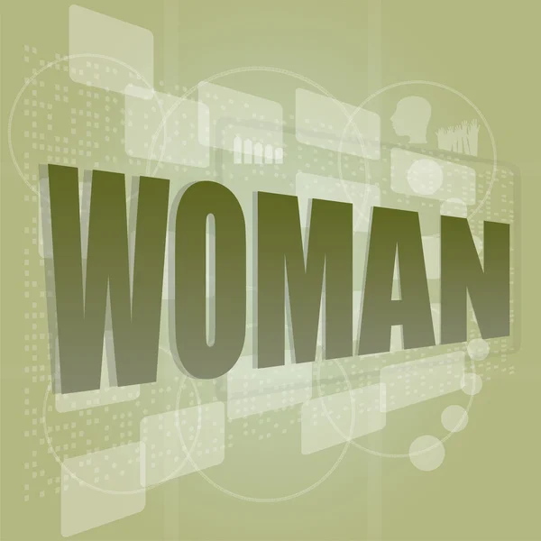 Palabras mujer en pantalla digital, concepto social — Foto de Stock