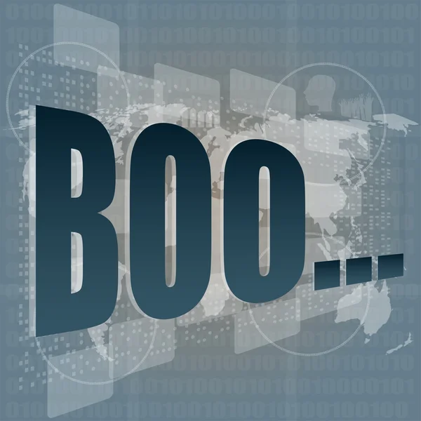 Zábavný koncept: slova Boo na digitální displej a mapa světa — Stock fotografie