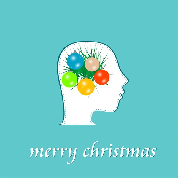 Merry christmas blue background with balls and fir on woman head — Stock Photo, Image
