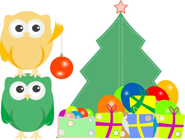 Owl family with christmas tree, balls, balloons and gift boxes — Stok fotoğraf