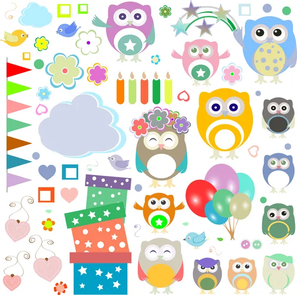 Set of birthday party elements with cute owls — Stock Photo, Image