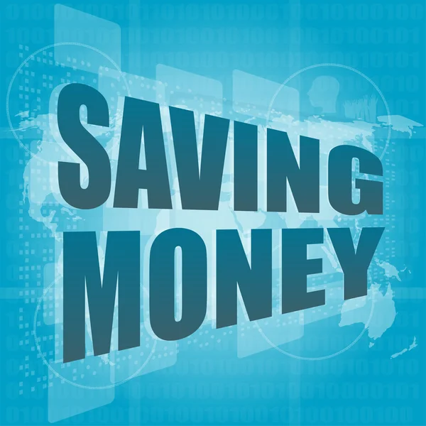Concepto de dinero: palabras que ahorran dinero en pantalla digital —  Fotos de Stock