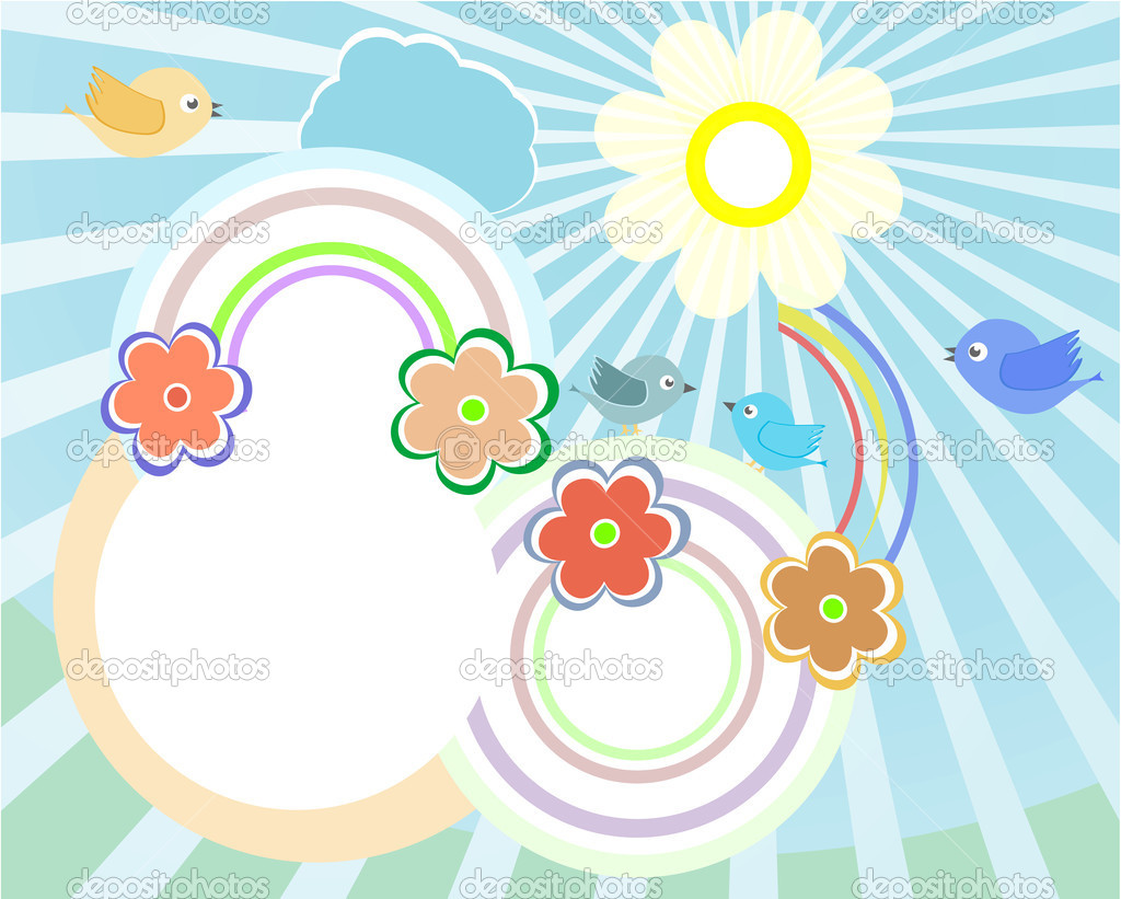 Good weather background. Blue sky with clouds, birds and flowers