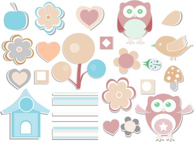 set - baykuşlar, kuşlar, çiçekler, kelebekler, ladybugs, kupa, vb.