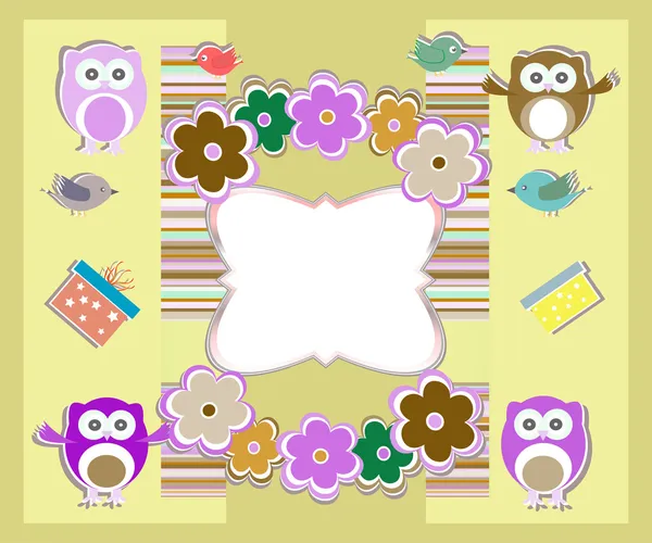 Happy birthday card with cute owls, birds, flowers and gift box — Stock Photo, Image