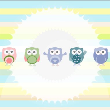 Birthday party owls set. invitation card for baby boy
