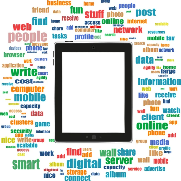 Tablet pc in social media words, communication in the global computer networks — Stock Photo, Image