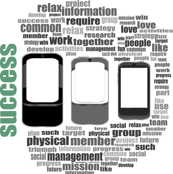Set di telefoni cellulari con parole d'affari isolate su bianco — Foto Stock
