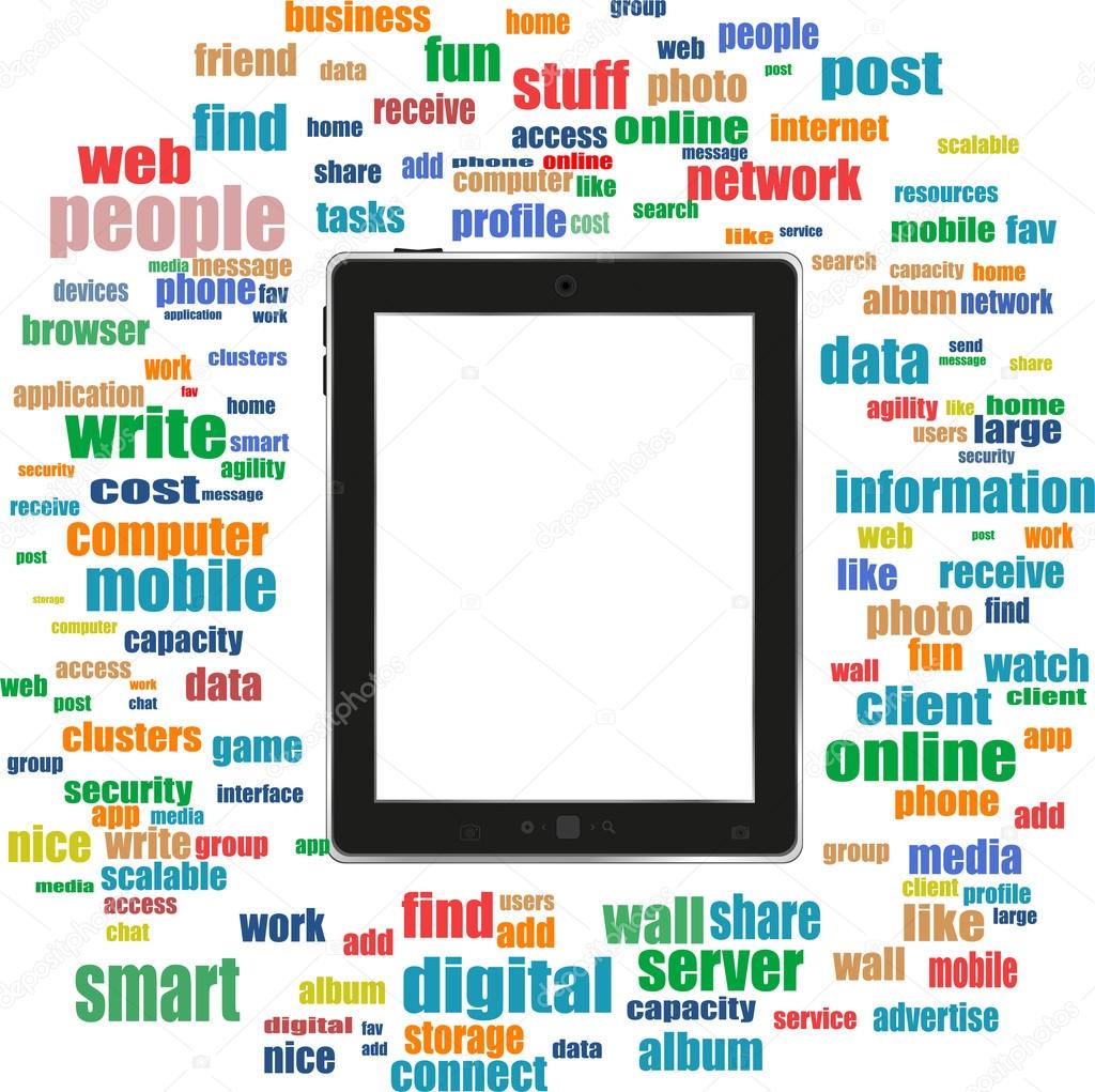 Tablet pc in social media words, communication in the global computer networks