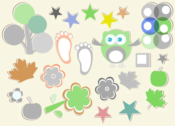 Set of nature element for design - owls, legs, flowers, stars, trees — Stock Photo, Image