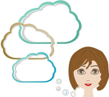 sevimli genç kız baş beyaz bulutlar düşünmeye