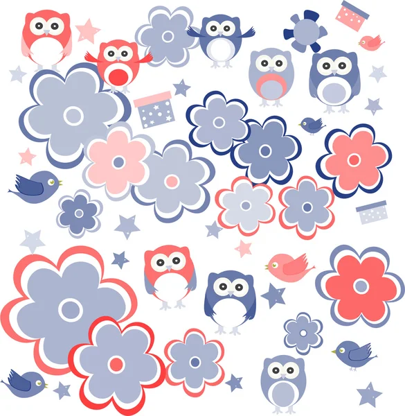 レトロな花とフクロウ子供イラスト背景パターン — ストック写真