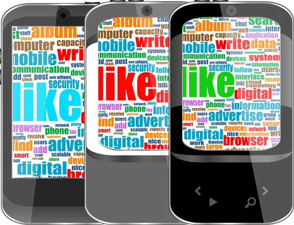 Touchscreen-Smartphone mit sozialer Wortwolke isoliert auf weißem Hintergrund — Stockfoto