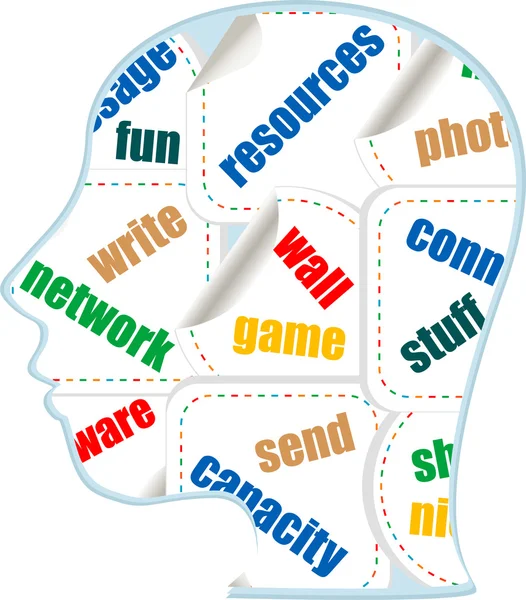 The silhouette of his head with the words on the topic of social networking — Stock Photo, Image