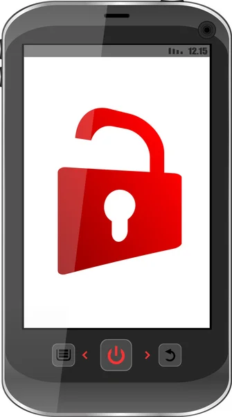 Smartphone with opened red padlock on display. Mobile security concept — Stock Photo, Image