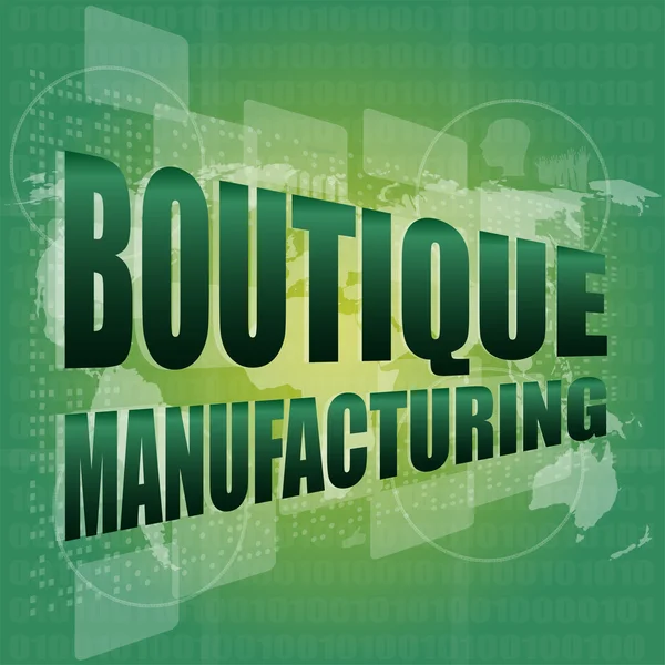 Words boutique manufacturing on touch screen technology background — Stock Photo, Image