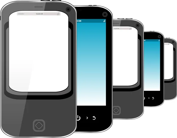 Photo-realistic illustration of different colored smart phones with screen — Stock Photo, Image