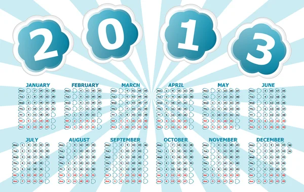 Simple 2013 year calendar with blue sun rays — Stock Photo, Image