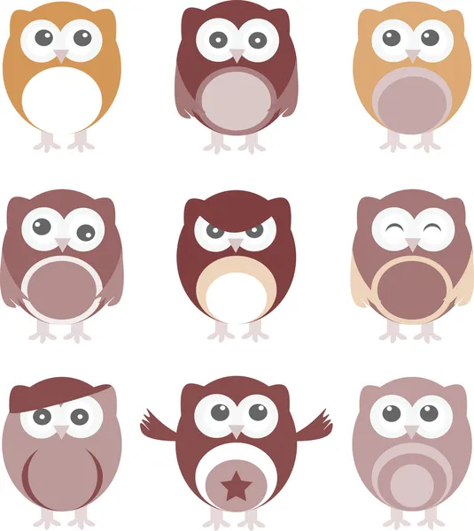 Set of nine cartoon owls with various emotions — Stock Photo, Image